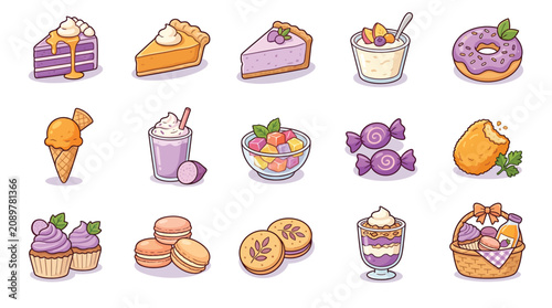 Foto A delightful collection of various sweet desserts and pastries, including cakes, pies, donuts, ice cream, and macarons, presented in a cute cartoon style