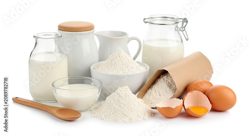 Several ingredients are arranged on a white surface. A glass of milk, a ceramic pitcher, a bag of flour, a bowl of flour, eggs, a wooden spoon, and a glass of liquid are visible.