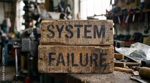 System failure text painted on old wooden blocks in a rustic workshop setting, symbolizing breakdown, error, and critical issue