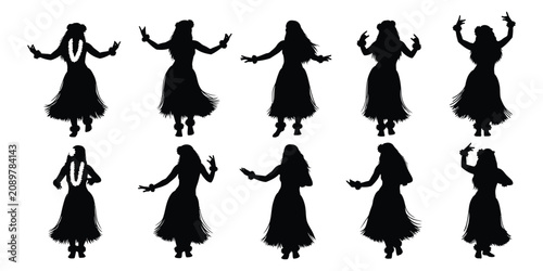 Konstfotografi Set of black silhouettes of women dancing hula in traditional dress