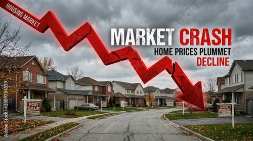 A large, red, downward-pointing arrow representing a housing market decline dominates the foreground. Behind it, a suburban street lined with houses features ‘For Sale’ signs and ‘Bank Owned’ signs.
