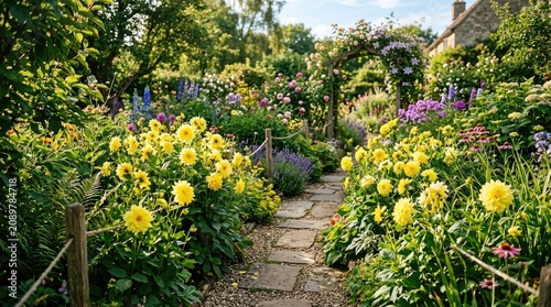 A vibrant garden path winds through a lush flower bed filled with a diverse array of colorful blooms.