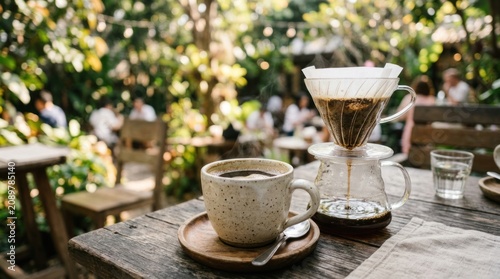 A glass pour-over coffee setup sits on a rustic wooden table outdoors. A hot cup of coffee with a saucer and spoon rests in the foreground, while a clear glass carafe holds the brewed coffee.