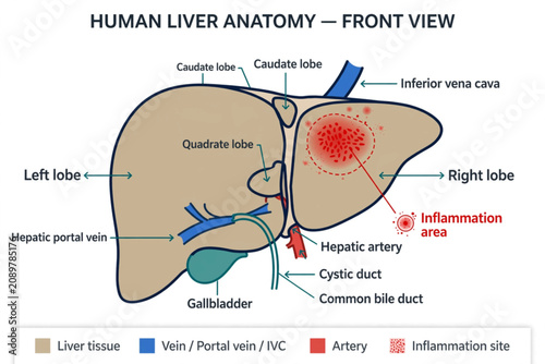 Fotografie Human Liver Anatomy Front View with Inflammation Area, Medical Illustration of H
