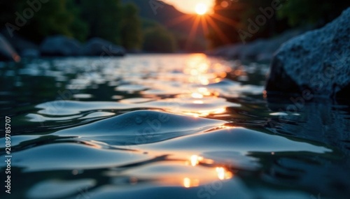 Soft evening light dances on gently swaying water, pond, calm, lake