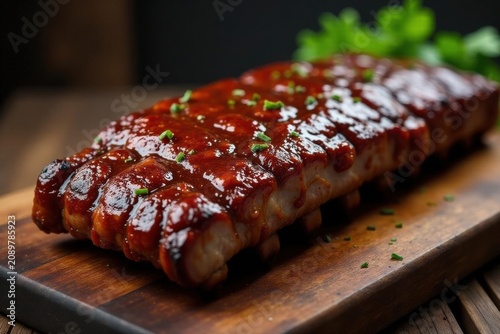 Succulent pork ribs, thick BBQ glaze, rustic setting, sweet, meat