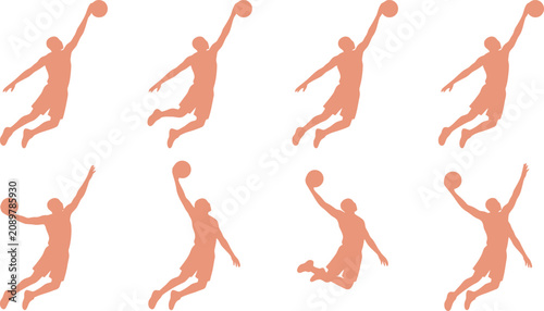 Obraz na plátne Basketball Player Jumping Dunking Silhouette Vector Set for Sports Branding, Ath
