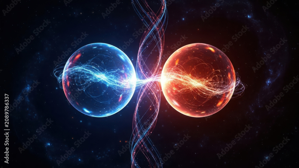 Fototapeta premium Two glowing spheres of energy, one blue and one red, connected by a swirling, twisting strand.