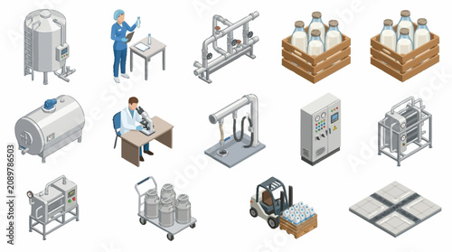 Photos Isometric illustration of modern dairy production and processing equipment
