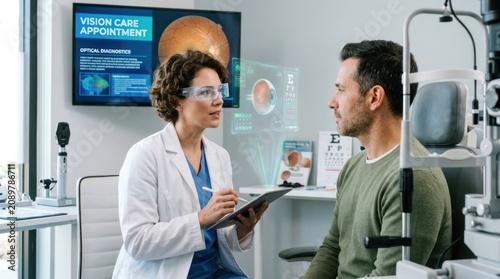 A female eye doctor discusses a vision care appointment with a male patient in a modern eye care clinic. The doctor, wearing glasses and a white lab coat, holds a tablet displaying an eye scan image.
