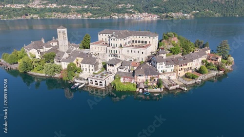 Drone Orbit View of San Giulio Island on Lake Orta