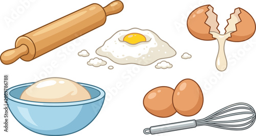 Konstfotografi Baking Ingredients and Pastry Preparation Icon Set Featuring Wooden Rolling Pin,