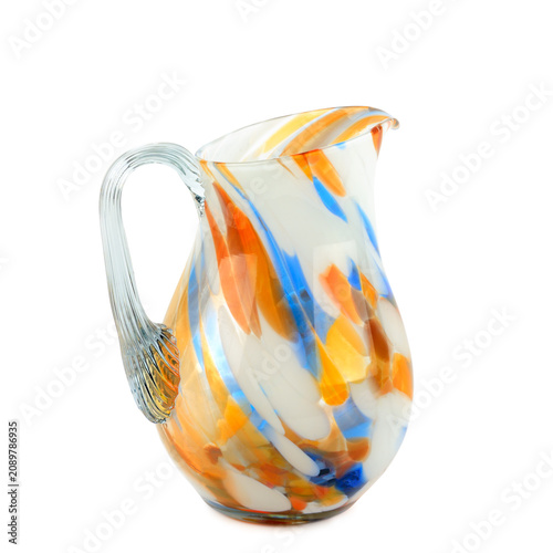 Colorful Blown Glass Pitcher with Abstract Patterns Isolated on White Handmade Murano Style Art Glass Jug with Orange and Blue Swirls