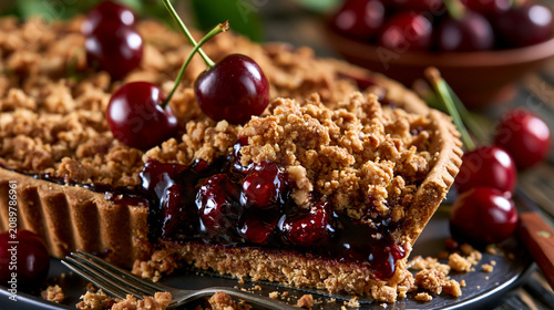 Freshly baked cherry crumble tart with whole cherries and flaky crust, homemade