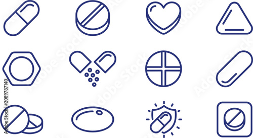 фотографія Medicine and Pharmaceutical Pill Outline Icon Set with Capsules, Tablets, Prescr