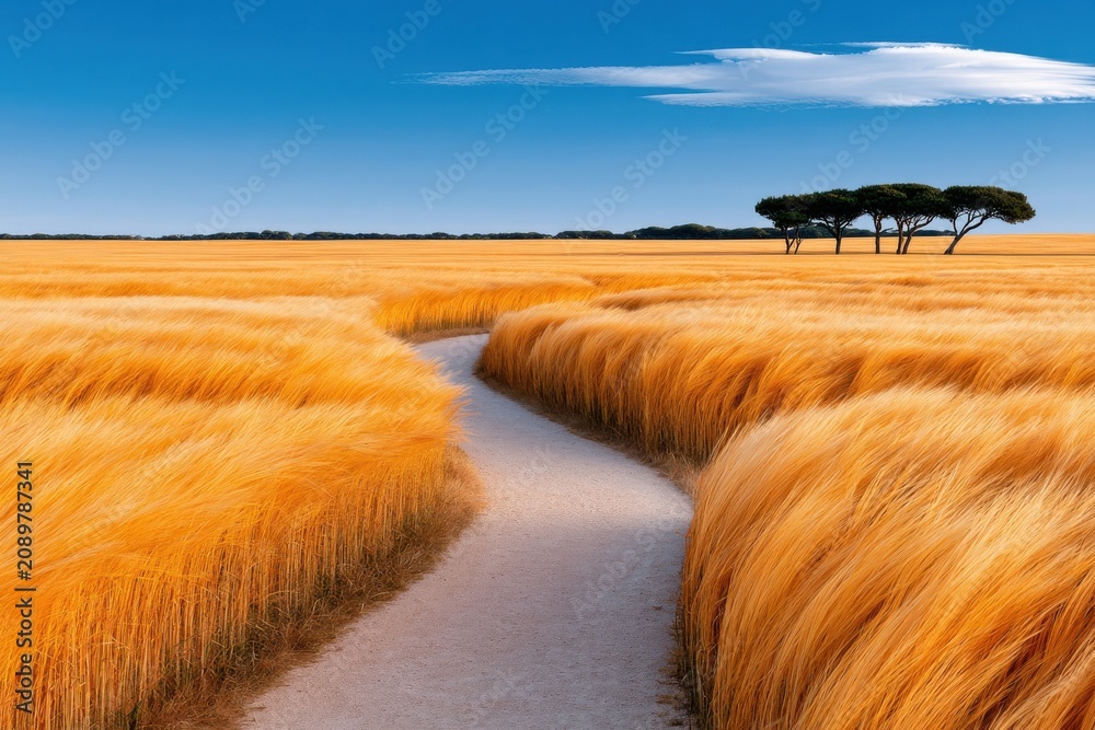 Fototapeta premium Golden wheat field with winding path leading to distant trees under a clear blue sky