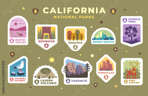 California national parks sticker set vector. Colorful retro travel badges with Yosemite, Joshua Tree, Death Valley, Sequoia, Redwood and Lassen Volcanic landmarks on khaki background.