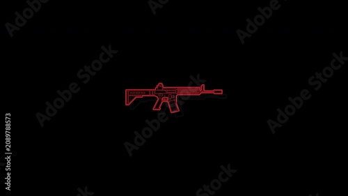 Neon Red Silhouette Of A Tactical Assault Rifle Isolated On Black Background.
