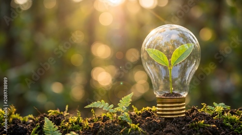 Lightbulb with green plant on glowing forest floor for renewable energy campaign design layout