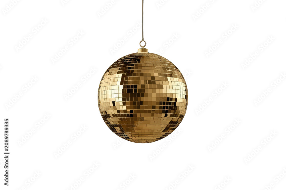 Obraz premium Golden disco ball hanging for party celebration, reflecting light for festive events and nightlife decoration, transparent background