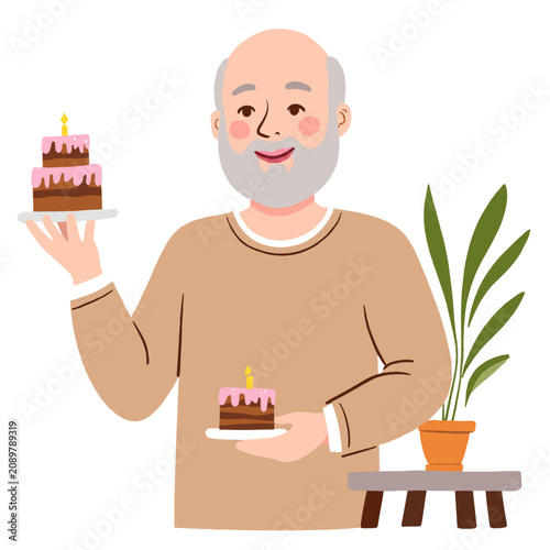 Elderly man smiling while holding birthday cake at home with plant. Elderly set  