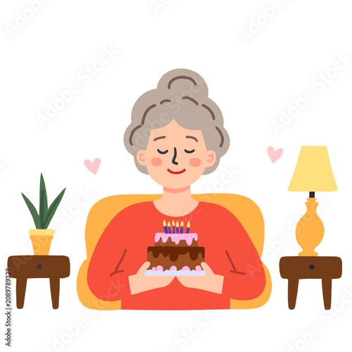Elderly woman celebrating birthday with cake in cozy living room. Elderly set  