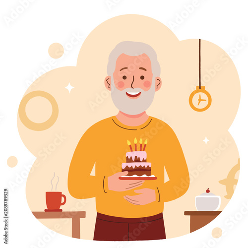 Elderly man smiling while holding birthday cake with candles at home. Elderly set  