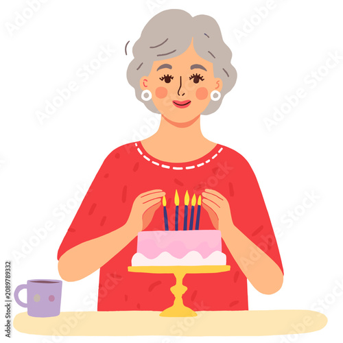 Senior woman placing candles on birthday cake at home table. Elderly set  