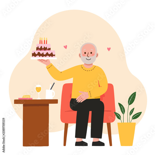 Elderly man celebrating birthday while holding cake in cozy living room. Elderly set  