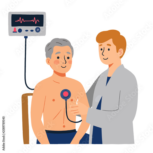 Doctor examining elderly patient with stethoscope in clinic. Elderly set  