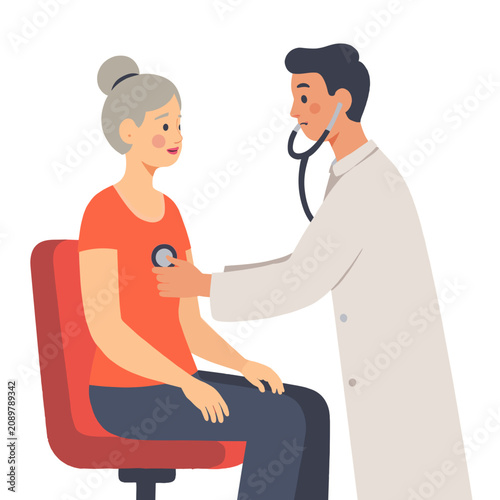 Doctor examining elderly woman with stethoscope while sitting. Elderly set  