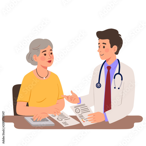 Elderly woman consulting with male doctor in office during appointment. Elderly set  