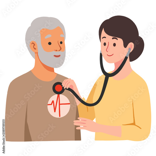 Female doctor examining elderly man with stethoscope in clinic. Elderly set  