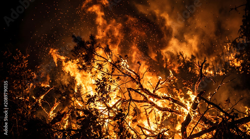 Intense forest wildfire at night with burning trees and sparks