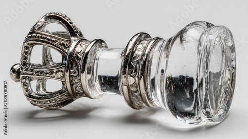 Elegant Glass and Silver Crown Stopper on White Background.