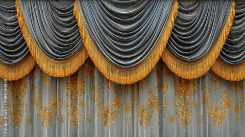 Elegant Gray and Gold Drapes with Intricate Embroidery.
