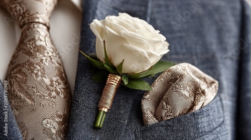 Elegant Grooms Attire - White Rose Boutonniere and Patterned Tie.