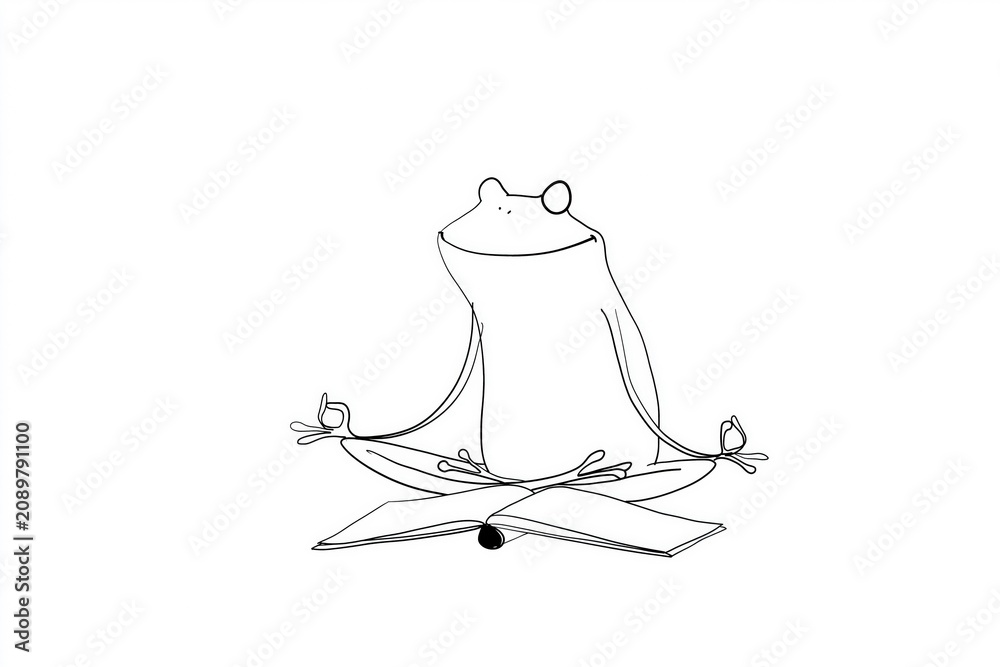 Obraz premium Frog character sits in meditation pose on top of an open book under a simple design