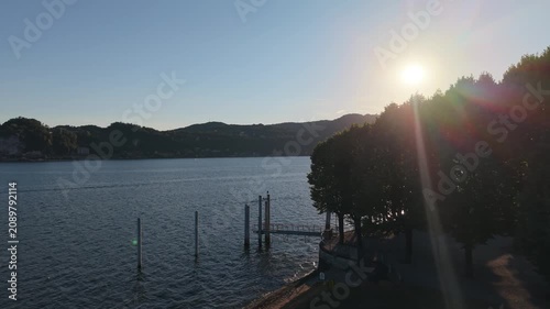 Sunset Drone View of Angera Pier on Lake Maggiore