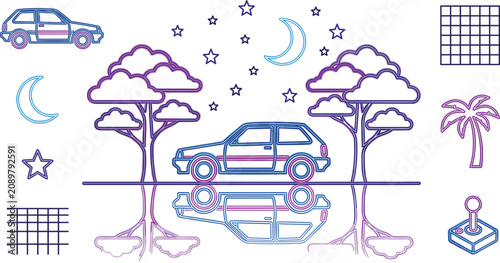 Canvastavla Synthwave Retrowave Retro 1980s Neon Vector Line Art Set with Hatchback Car Refl