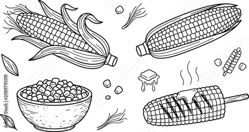 Konstfotografi Fresh sweet corn cob grilled bbq maize bowl kernels and melting butter doodle ve