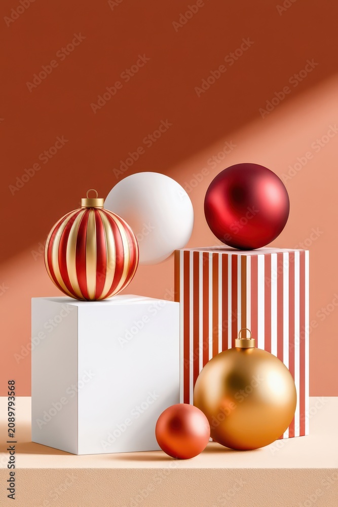 Fototapeta premium Luxury Christmas ornaments and minimalist product display with gold and red baubles on pedestals
