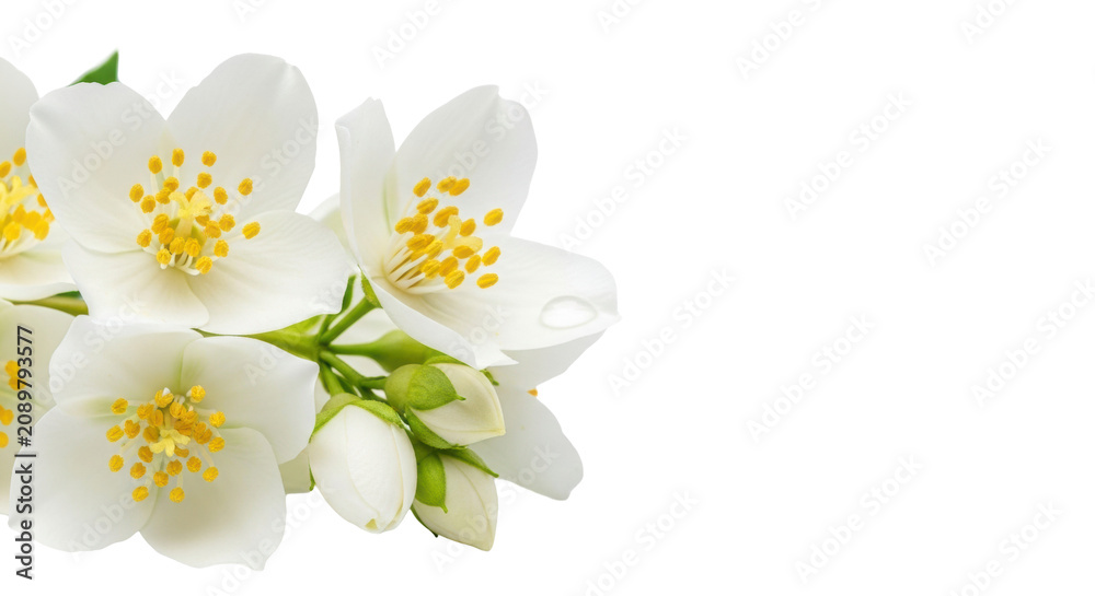 Fototapeta premium White jasmine flower sprig in macro detail, showcasing star-shaped petals, yellow stamens, and a water droplet, isolated on a transparent background with ample copy space, high-key freshness concept