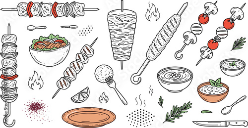 Fotografi Middle Eastern kebab shish skewer doner and traditional cuisine dishes vector ou