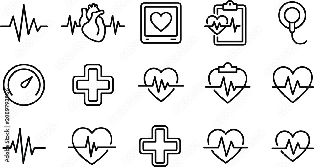 Fototapeta premium Heartbeat pulse and cardiology icon set with medical heart rate ecg monitor clipboard cross outline vector