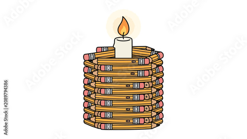 Photos Candle Lantern Made of Pencils: A creative and resourceful design featuring a lit candle illuminating a cylindrical lantern constructed from numerous tightly packed pencils