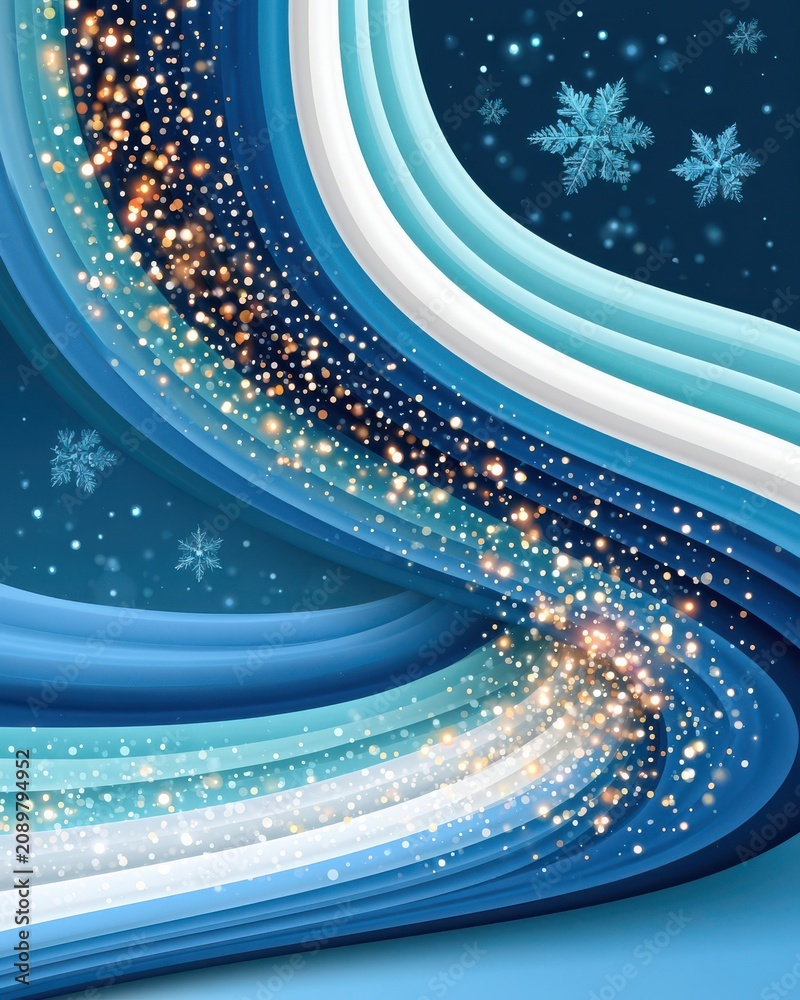 Fototapeta premium Snowflakes transforming into glowing particles over flowing blue ribbons for winter holiday background