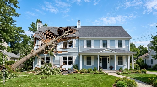 Fallen tree crushing roof of suburban house. Home insurance coverage for storm damage, disaster and property repair. Real estate assessment after natural catastrophe incident.