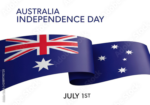 A waving australian flag with the text australia independence day in blue letters, isolated on a solid black background