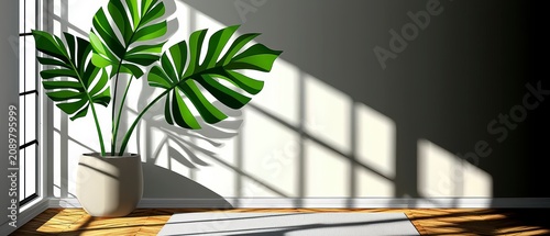 Minimalist Interior with Monstera Plant and Sunlight Shadows